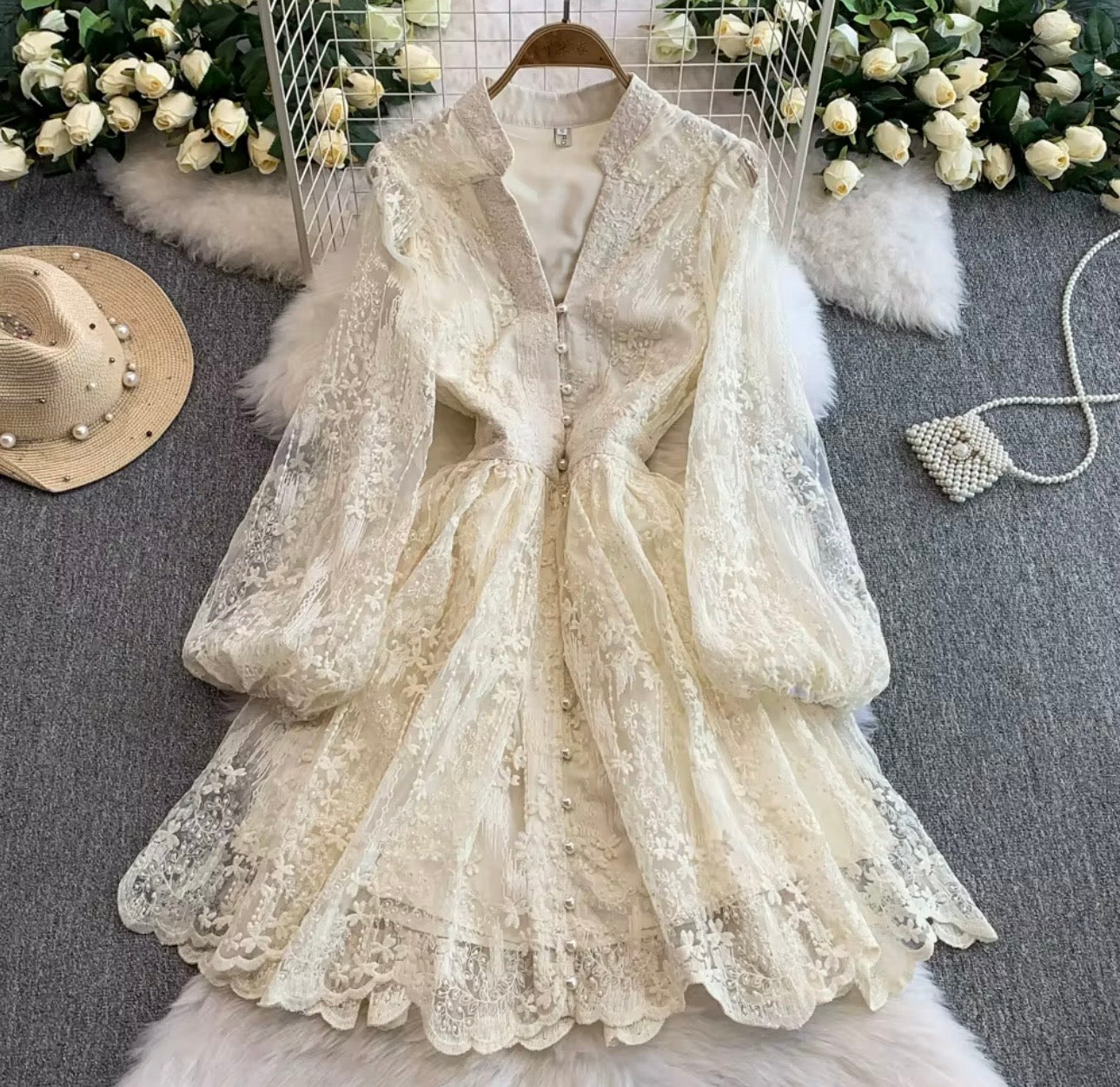 Floral V Neck Cream Summer Dress
