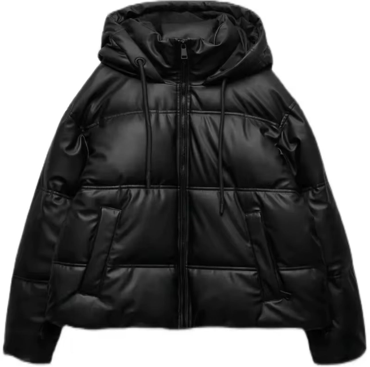 Black Faux Leather Puffer Jacket