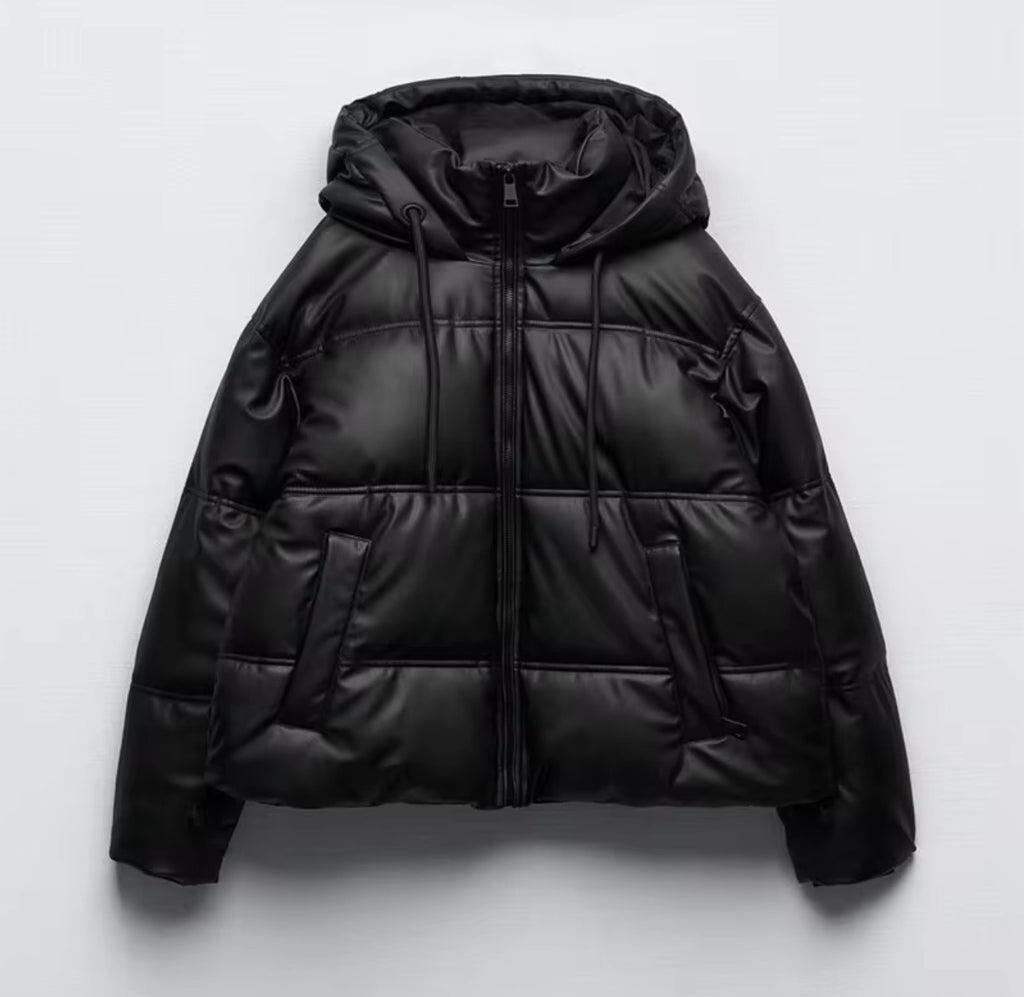 Black Faux Leather Puffer Jacket
