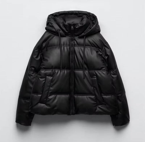 Black Faux Leather Puffer Jacket