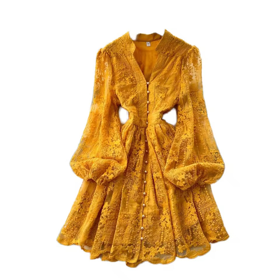 Floral V Neck Yellow Spring Dress