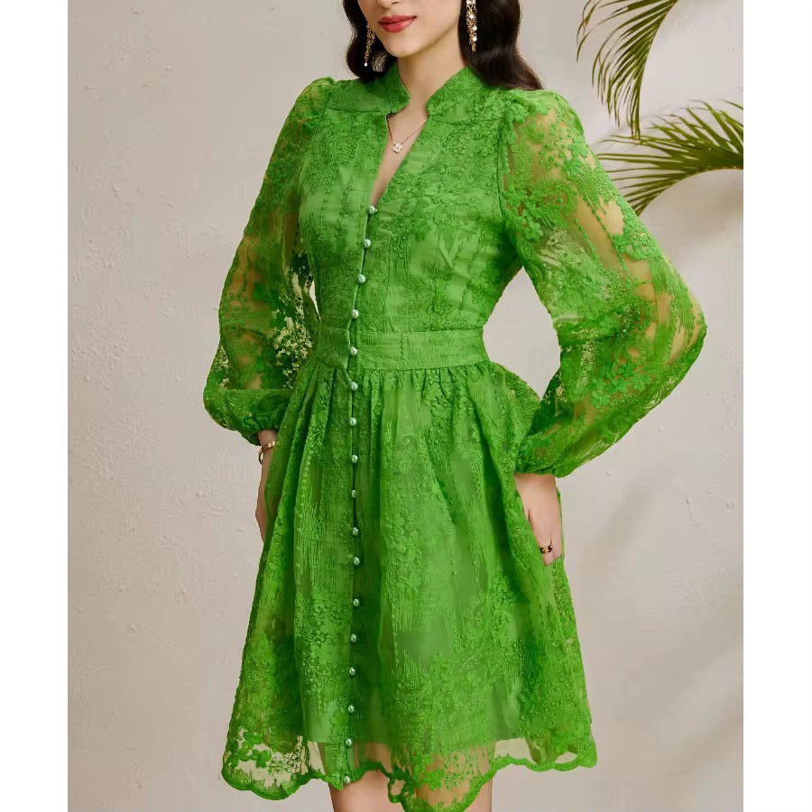 Floral V Neck Green Summer Dress