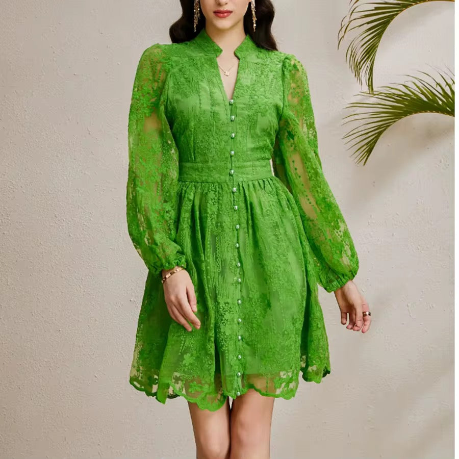 Floral V Neck Green Summer Dress