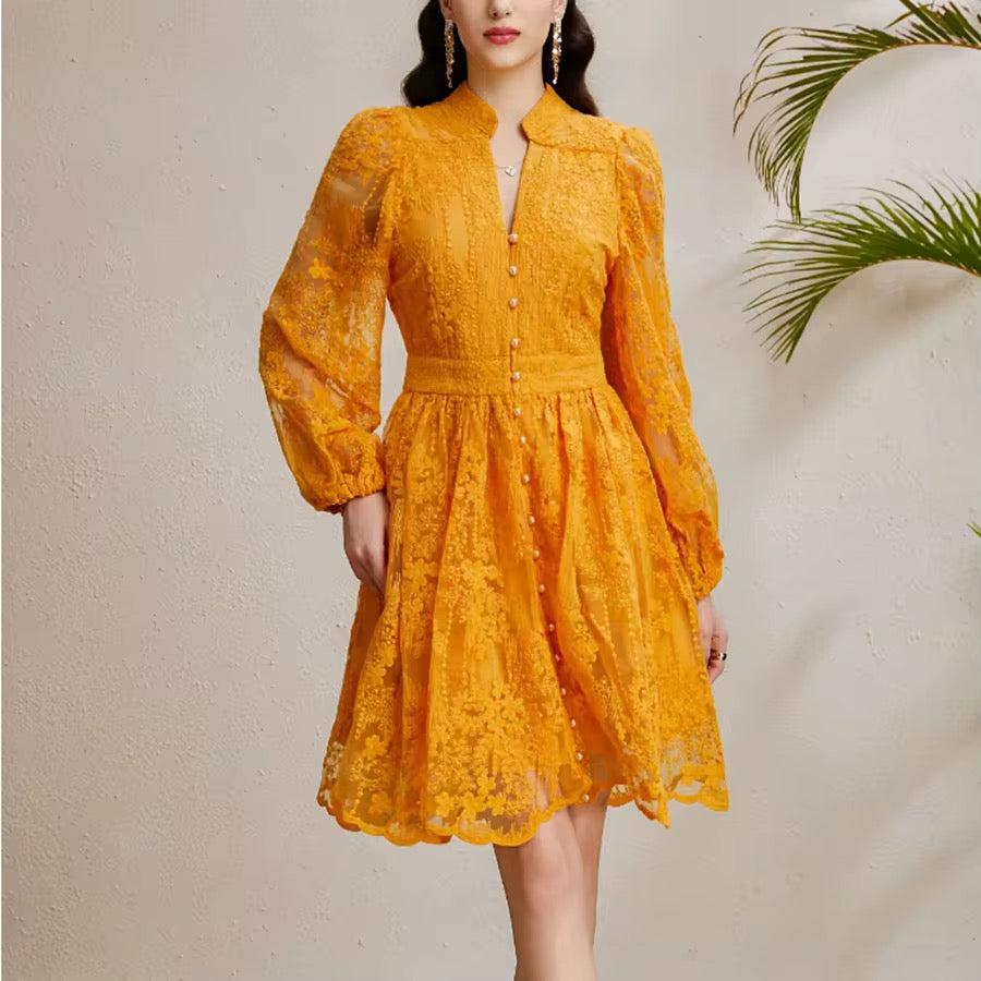 Floral V Neck Yellow Spring Dress