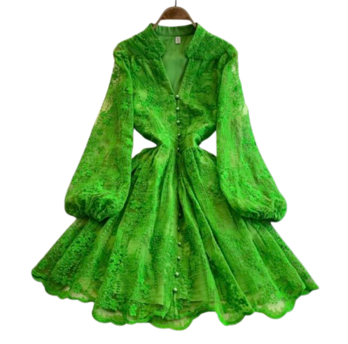 Floral V Neck Green Summer Dress